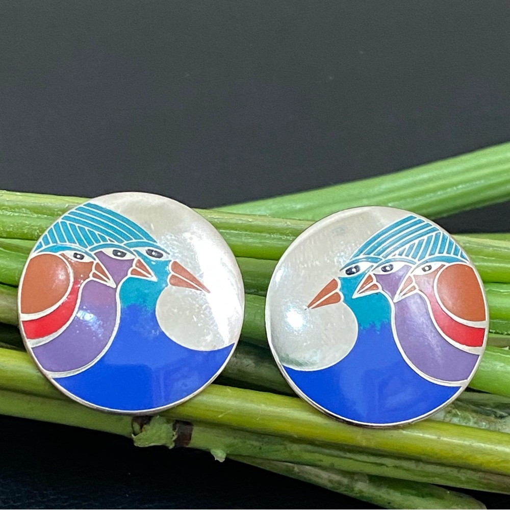 LAUREL BURCH Signed Celestial Birds Enamel Silver-tone Round Post Earrings 11.6g